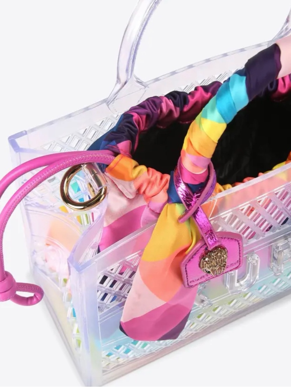 Pink Multicolor Scarf-Handle Clear Tote Bag